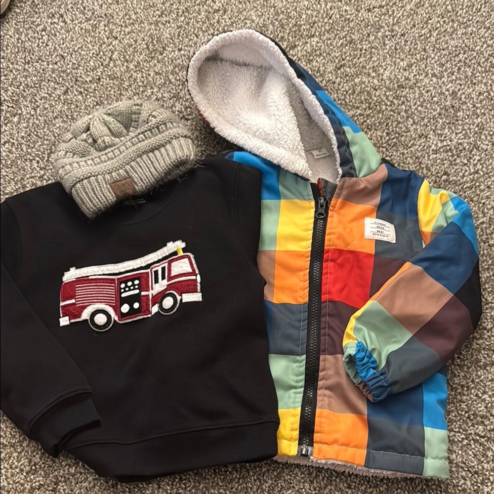 Colorful Patchwork Kids Jacket and Fire Truck Sweatshirt